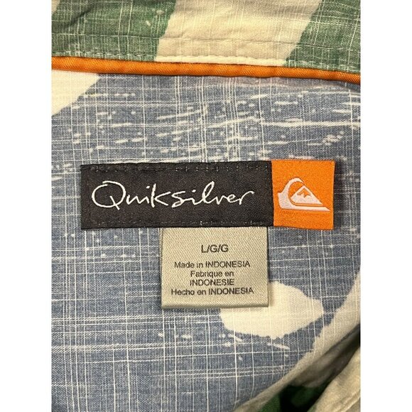 Quiksilver Size Large Mens Green White Abstract Hawaiian Aloha Button-Up Shirt - Picture 7 of 9